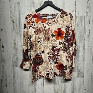 Alfred Dunner Cream Floral & Geometric Print Long Sleeve Tee
